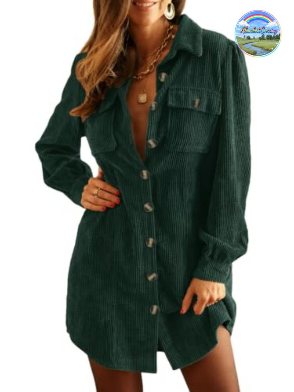 Women's Corduroy Long Sleeve Button Down Tunic Dress Casual Work Midi